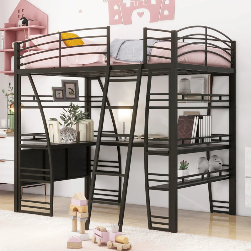 Loft Bed With 4 Layers Of Shelves And L-Shaped Desk, Stylish Metal Frame Bed With A Set Of Sockets, USB Ports And And Wireless Charging by HouseOfZazla