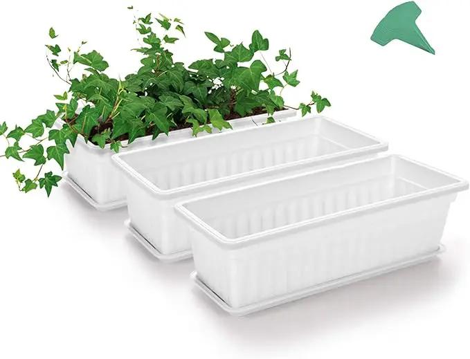 GROWNEER 3 Packs 17 Inches White Flower Window Box Plastic Vegetable Planters Long Pots with 15 Pcs Plant Labels for Outdoor Indoor Windowsill Patio Garden Home Decor Porch by GreenHaven Gardens