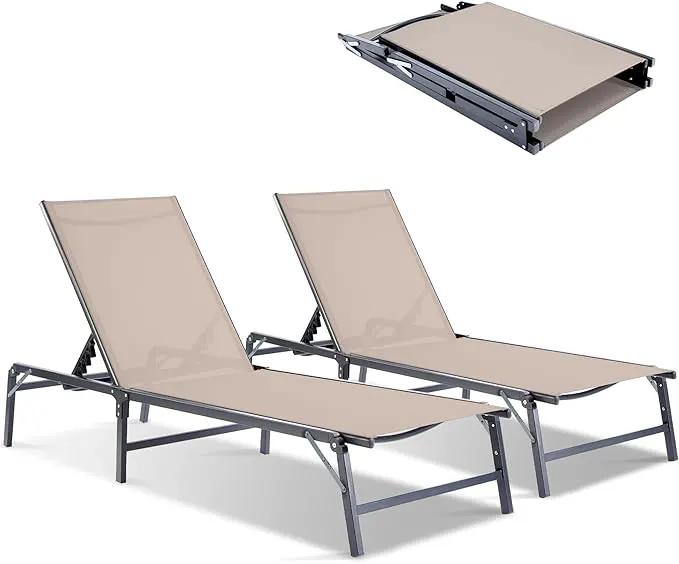 Outdoor Chaise Lounge Chair Set of 2, Foldable & Assemble-Free, 6 Adjustable Positions, Durable Rust-Resistant Frame, Portable Outdoor Pool Lounge Chairs for Pool Patio Beach, Khaki by GreenHaven Gardens
