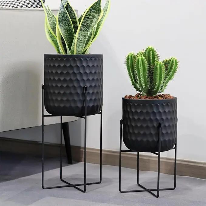 TRIROCKS Set of 2 Planters with Stand Indoor Outdoor Metal Plant Stand 8 * 18 &7 * 12 "Modern Planters Flower Pots for Living Room Corner Kitchen Office Garden Balcony Patio Decor(Black) by GreenHaven Gardens