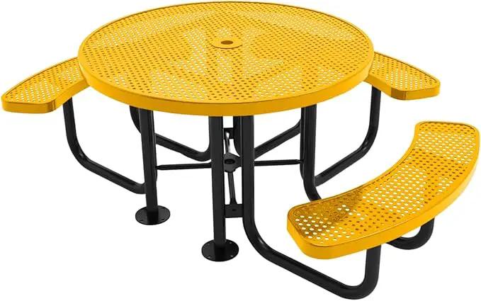 Heavy-Duty Portable ADA-Compliant Outdoor Picnic Table with Umbrella Hole, Punched Steel Patio Dining Furniture Made in America (46" Round Top, Textured Yellow) by GreenHaven Gardens