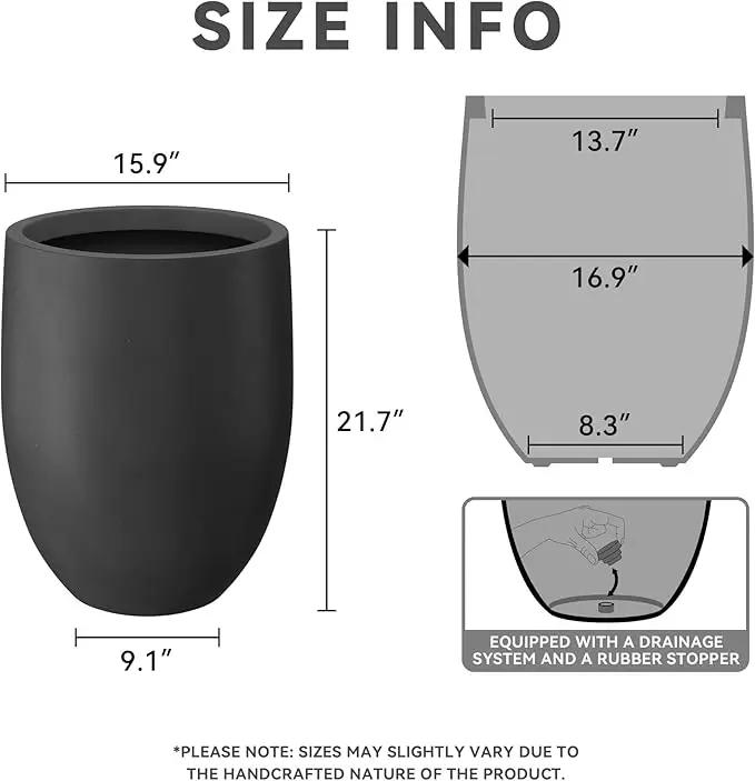 Kante 21.7" H Burnished Black Tall Planter, Large Outdoor Indoor Decorative Pot with Drainage Hole and Rubber Plug, Modern Round Taper Style for Home and Patio by GreenHaven Gardens