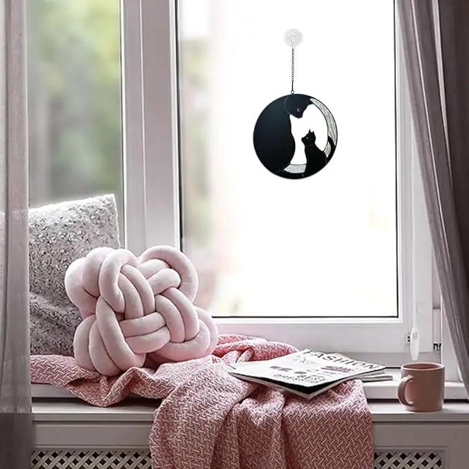 Black Cat Decor Stained Glass Window Hanging,Funny Cat Gifts for Cat Lovers Stained Glass Suncatcher for Window,Two Black Cat Decor Cat Themed Gifts for Women Mom Grandma by GreenHaven Gardens