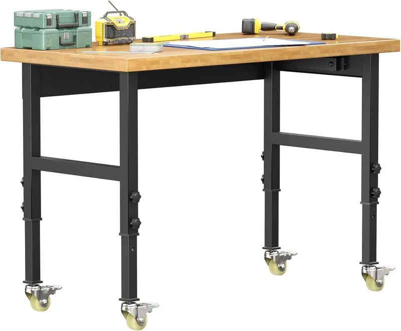 48' Adjustable Workbench, Solid Wood Work Bench Table with Wheels and Power Outlet, Rolling Workbenchs Large Load Capacity Garage Workbench for Workshop,Office,Home by GreenHaven Gardens