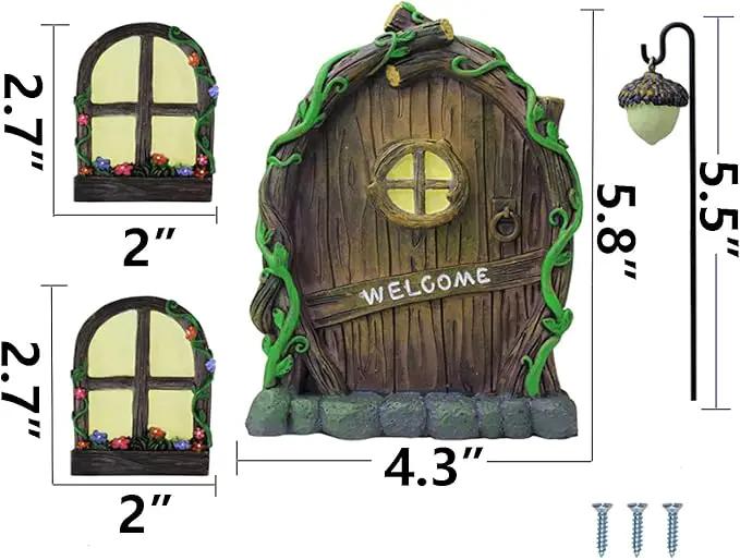 Resin Miniature Fairy Gnome Home Windows and Welcome Door with Fairy Lantern,Glow in Dark Art Sculpture for Trees Outdoor Indoor Garden Yard Wall Decorations by GreenHaven Gardens