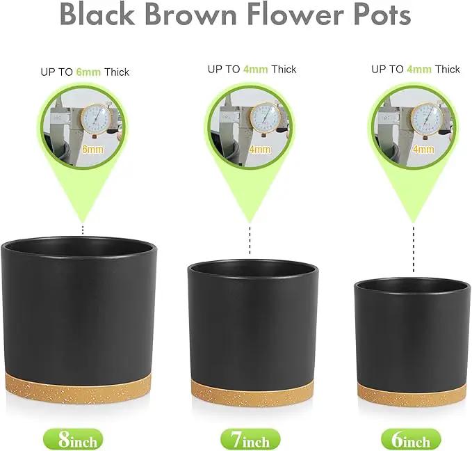 8/7/6 inch Flower Pots, 3 Pack Cylinder Plant Pots for Outdoor Indoor Plants, Decorative Plastic Planters with Drainage Holes and Saucers for Garden House Plants, Black with Brown by GreenHaven Gardens
