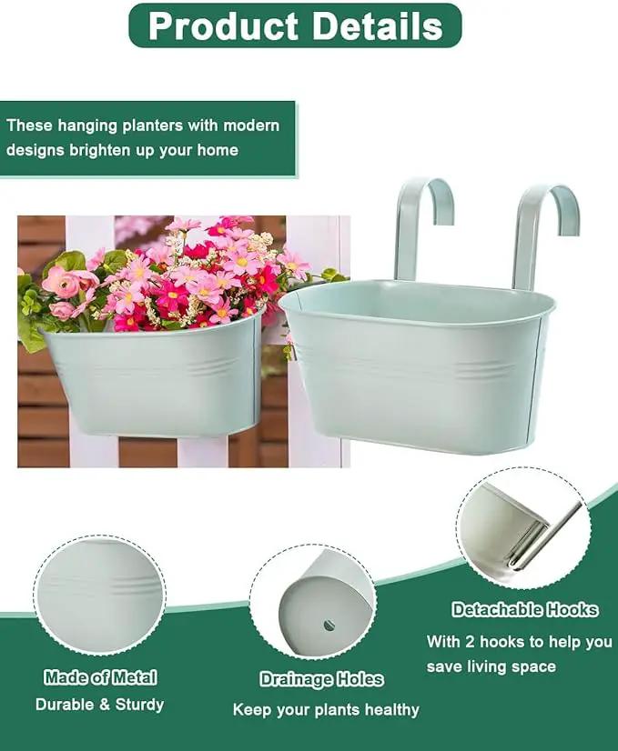 vensovo Metal Railing Planter for Outdoor Plants - 3 Pack Balcony Hanging Flower Pots with Detachable Hooks and Drain Holes Oval Bucket Rail Box Fence Planters for Home Garden Decor, Light Green by GreenHaven Gardens