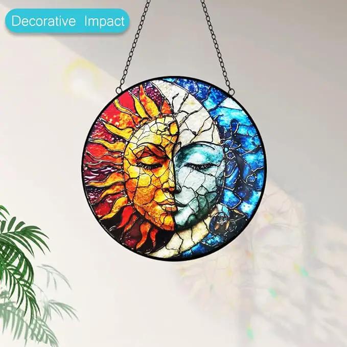 Sun and Moon Decor Stained Glass Window Hanging Suncatchers - Sun Catchers Indoor Window Christmas Decorations - Stained Glass Suncatcher with Hooks and Chain - Celestial Decor Gift for Men Women by GreenHaven Gardens