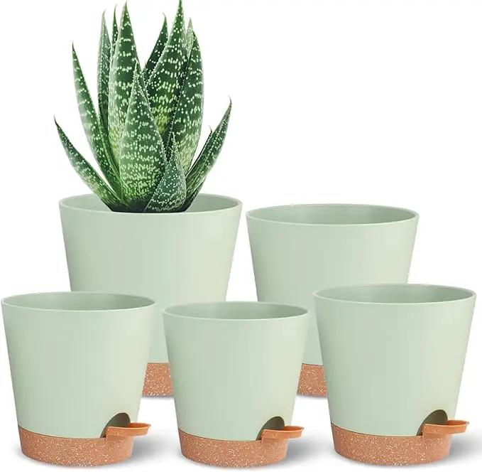 Self Watering Planters for Outdoor Plants 7/6.5/6/5.5/5Inch 5Pack Flower Pot for House Plants Green Indoor Plastic Pots Plant Pots Succulent Pots with Drainage Hole and Deep Reservoir by GreenHaven Gardens