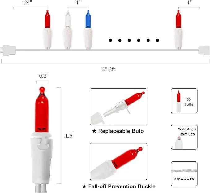 MULTI-SPARKING Red White and Blue LED Christmas Lights - 100 Count 4th of July Patriotic String Lights for Tree, Party, Independence Day Decorations, 33 Feet White Wire, UL Certified, Connectable by GreenHaven Gardens