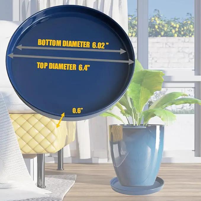 2 Pack Ceramic Plant Saucer Pot Tray 6 Inch, Planter Saucers 4 5 6 7 8 9 10 11 12 13 Inch for Indoors Outdoor, Durable Sturdy Flower Drainage drip Water Tray for Glazed Pots Base (6.4 Inch-Blue) by GreenHaven Gardens