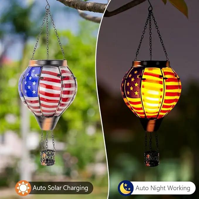 2PCS Flag Solar Hot Air Balloon Lantern with Flame Flickering Light,Glass Hot Air Balloon Solar Lanterns Outdoor Waterproof,Hanging Outdoor Light for Patio Yard Garden Birthday Gifts for Women by GreenHaven Gardens