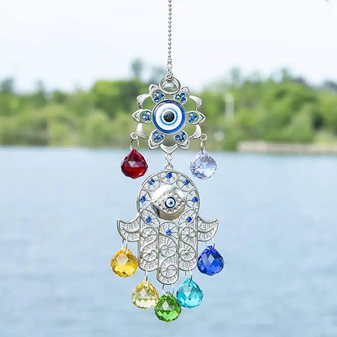 Hamsa Hand with Blue Evil Eye Protection Hanging Crystal Ornament with Chakra Energy Crystal Balls by GreenHaven Gardens