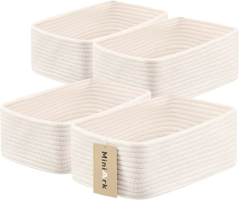 Small Storage Baskets for Organizing | Closet Organizer Bins | Shelf Toy Basket | Woven Rope Baskets | Cube Decorative Box | Shallow Basket | 11.5x7.5x4.7” | 4 Packs Off White by GreenHaven Gardens