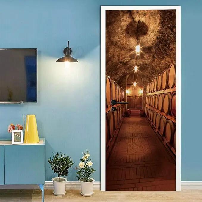 3D Door Stickers Murals Peel and Stick - Wine Cellar Wallpaper Self-Adhesive Decals - Removable PVC Waterproof Poster for Bedroom Living Room 35.4" x 78.7" by GreenHaven Gardens