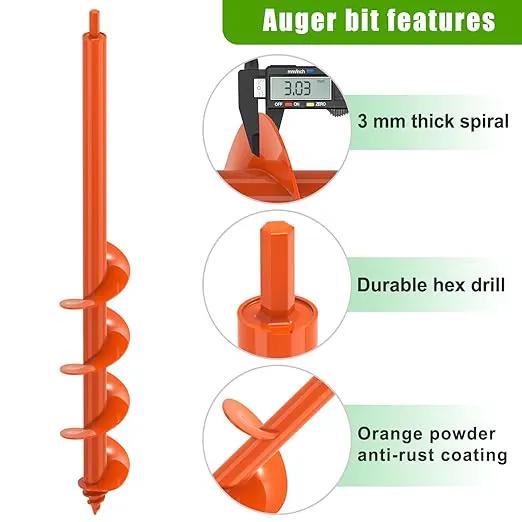 Auger Drill Bit for Planting 3 x 24'', Threaded Garden Auger Post Hole Digger, Spiral Drill Earth Dirt Augers for Bulb, Vegetables, Fence Posts and Umbrella Holes, Fits in 3/8” Drill Chuck by GreenHaven Gardens