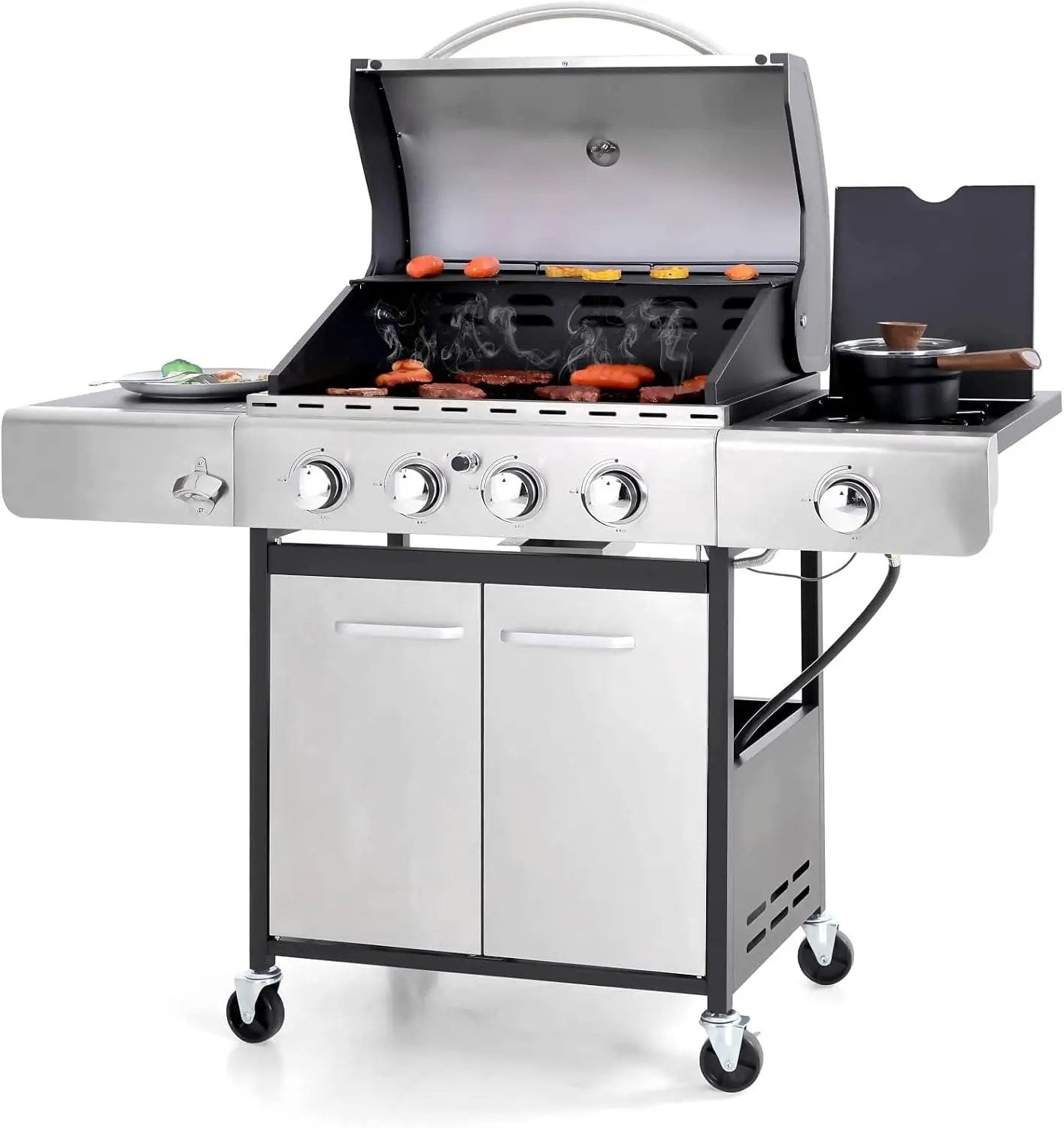 Sophia & William 4-Burner Propane Gas BBQ Grill with Side Burner and Porcelain-Enameled Cast Iron Grates, Stainless Steel Barbecue Grills Outdoor Cooking, Silver Cabinet Style, 42,000BTU by GreenHaven Gardens
