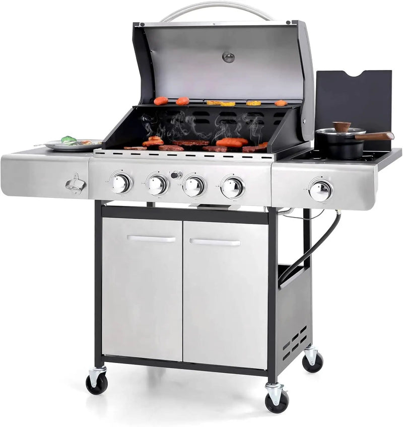Sophia & William 4-Burner Propane Gas BBQ Grill with Side Burner and Porcelain-Enameled Cast Iron Grates, Stainless Steel Barbecue Grills Outdoor Cooking, Silver Cabinet Style, 42,000BTU by GreenHaven Gardens
