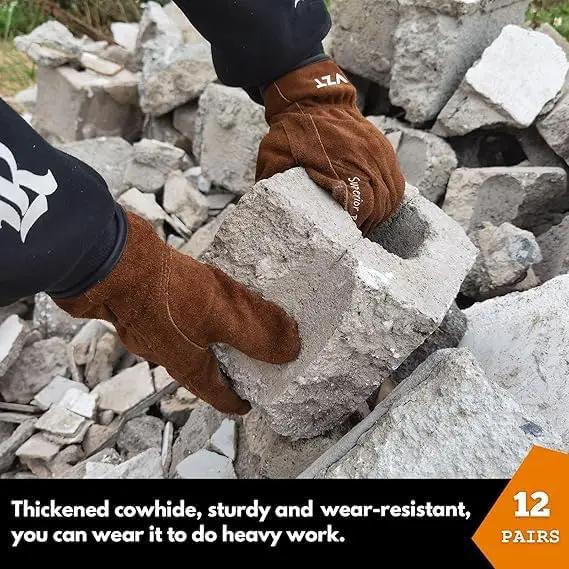 12 Pairs Bulk Leather Work Gloves for Men or Women for Gardening, Construction, Truck, Driving, Farm, Ranch, Woodworker, Soft, Cowhide Thickened, Water Resistant, Brown, 2X-Large by GreenHaven Gardens
