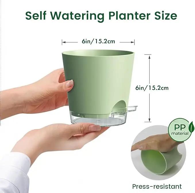 6 inch Self Watering Pots for Indoor Outdoor Plants, 6 Pack Flower Plant Pots with Drainage Holes and Clear Reservoirs, Visible Water Level, Plastic Planters with Wicking Rope, Green by GreenHaven Gardens