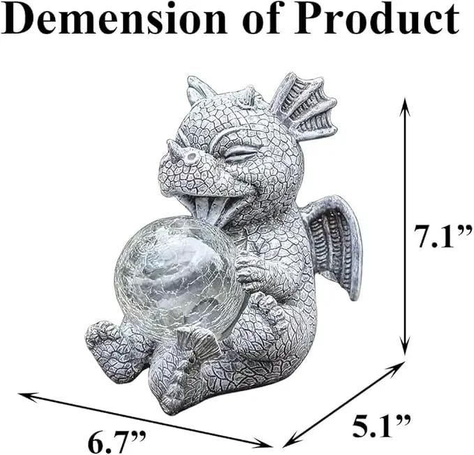 Garden Dragon Statue Outdoor Decor, Baby Resin Figurine Holding Magic Orb With Solar LED Lights, 7.1" for Patio, Lawn & Yard, Summer Gift for Mom by GreenHaven Gardens