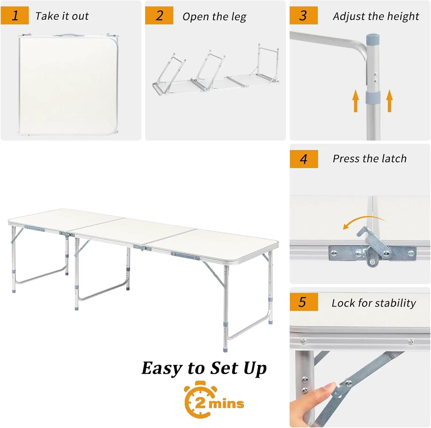 Outvita 6ft Portable Folding Camping Table, Outdoor Waterproof Adjustable Height Table, Aluminum Lightweight Suitcase Foldable Table for Picnic BBQ Beach Dining by GreenHaven Gardens