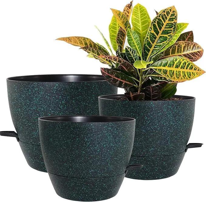 10/9/8 inch Self Watering Pots, Set of 3 Plastic Planters with Mesh Drainage Holes and Deep Reservoir for Indoor Outdoor Garden Plants and Flowers, Black with Green Speckles by GreenHaven Gardens