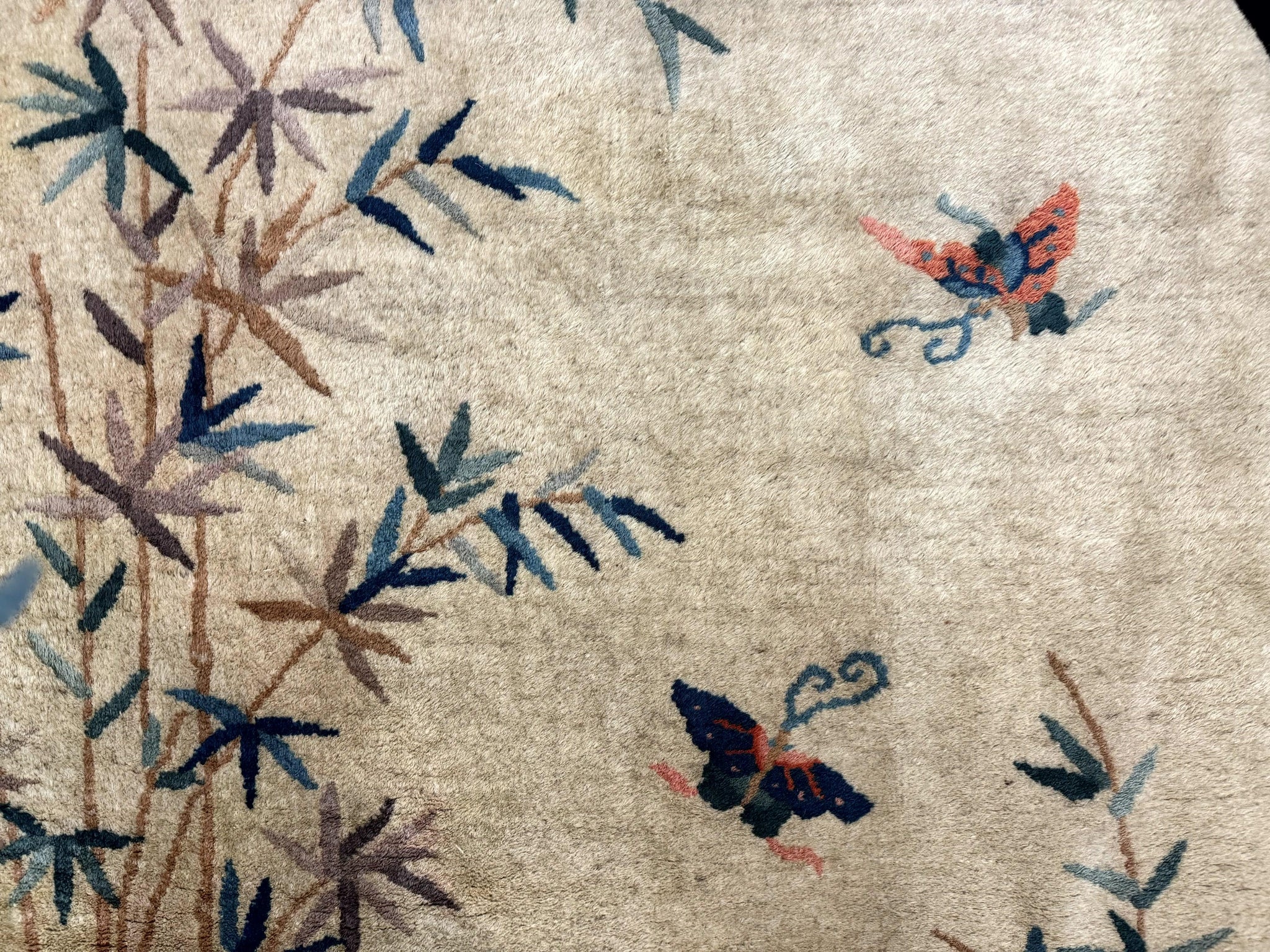 Antique Chinese Oval Rug 3.9 x 6.7, Floral, Butterflies, Chinese Wool Art Deco Peking Carpet, Beige, Handmade by Jewel Rugs