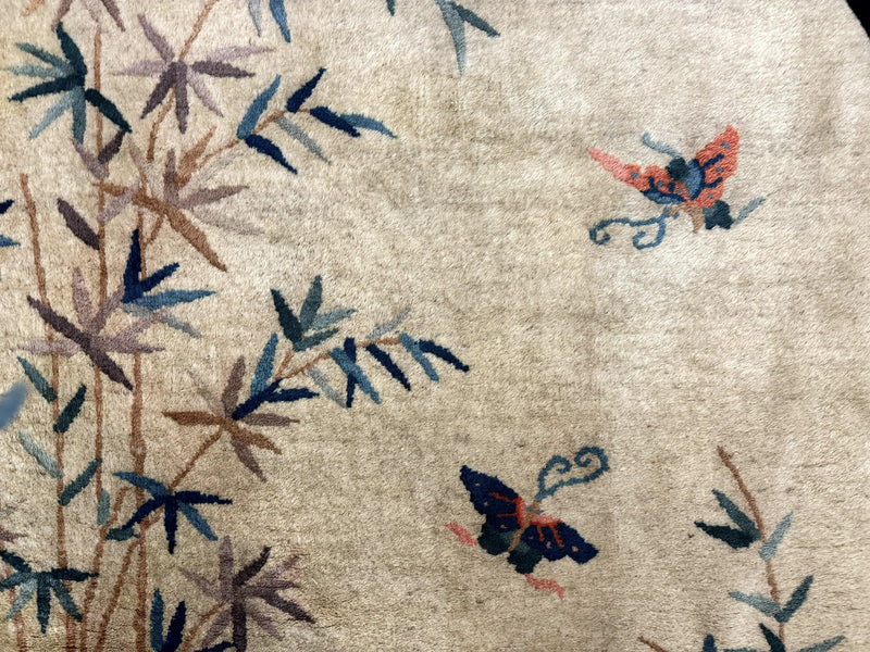 Antique Chinese Oval Rug 3.9 x 6.7, Floral, Butterflies, Chinese Wool Art Deco Peking Carpet, Beige, Handmade by Jewel Rugs