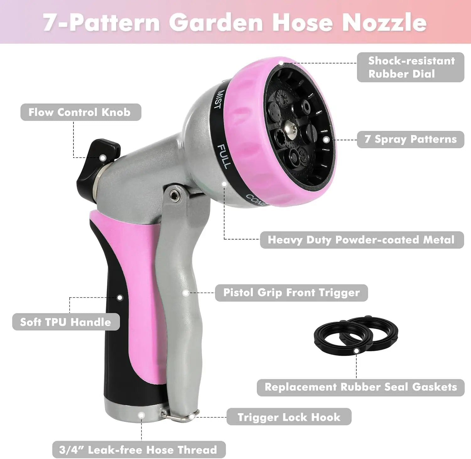 RESTMO Garden Hose Nozzle, Heavy Duty Metal Water Hose Nozzle with 7 Adjustable Spray Patterns, High Pressure Hand Sprayer with Flow Control, Best for Watering Plant & Lawn, Washing Car & Pet, Pink by GreenHaven Gardens