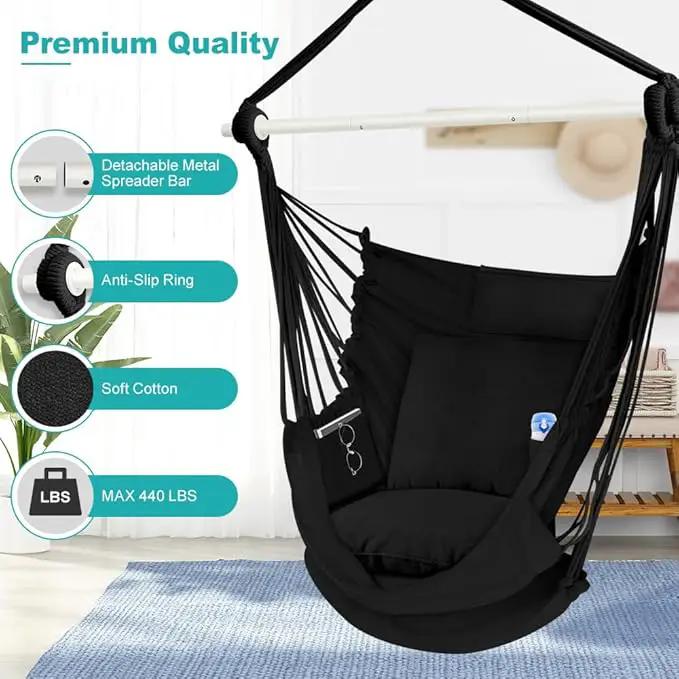 Outerman Hammock Chair, Hanging Chair with 3 Cushions and Foot Rest Support, Sturdy Metal Spreader Bar Max 500Lbs, Swing Chair for Bedroom, Indoor & Outdoor, Patio, Porch or Tree（Black）… by GreenHaven Gardens