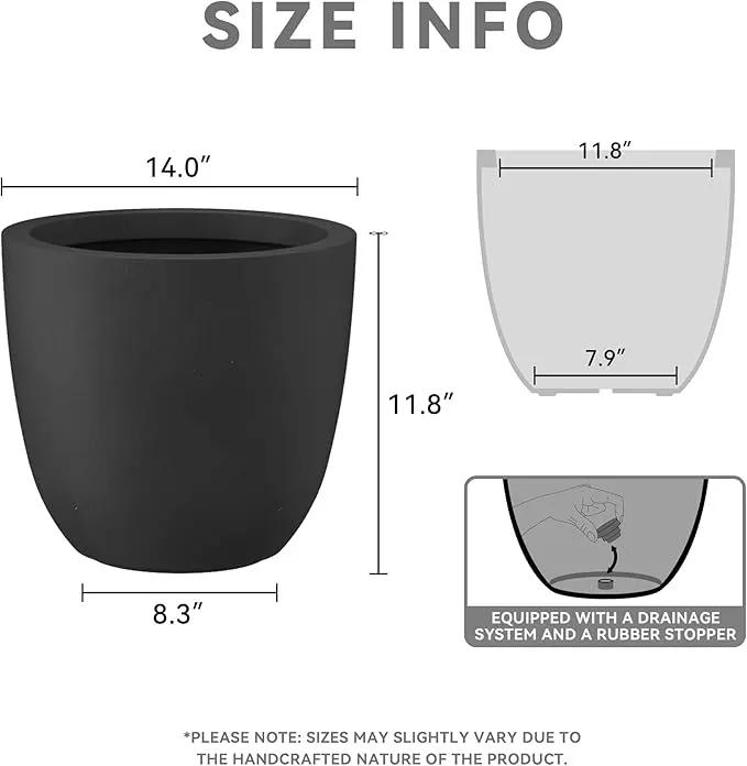 Kante 14 Inch Dia Round Concrete Planter, Indoor Outdoor Large Plant Pot with Drainage Hole and Rubber Plug for Home Patio Garden, Black by GreenHaven Gardens
