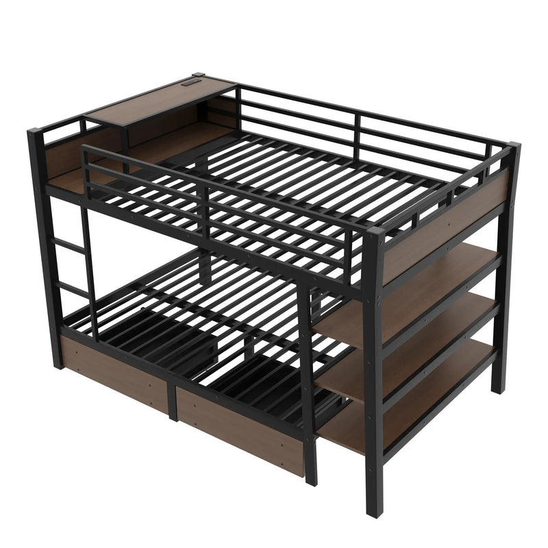 Full Size Metal Bunk Bed with Storage Shelves and USB Power Strip by HouseOfZazla