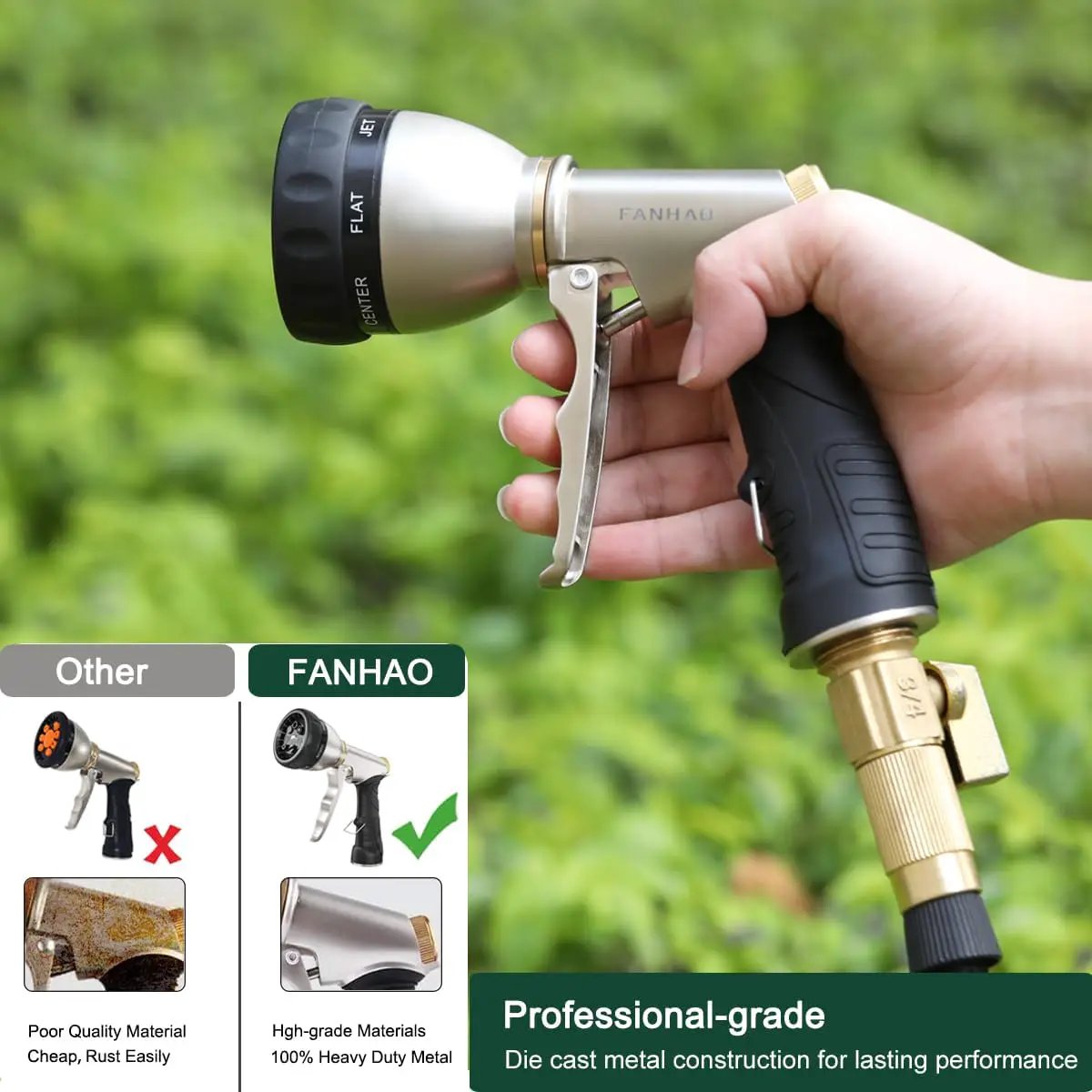 FANHAO Garden Hose Nozzle, 100% Heavy Duty Metal Water Hose Nozzle Sprayer with 7 Spray Patterns, High Pressure Hand Sprayer with Ergonomic Handle for Watering Plants & Lawns, Washing Cars & Pets by GreenHaven Gardens