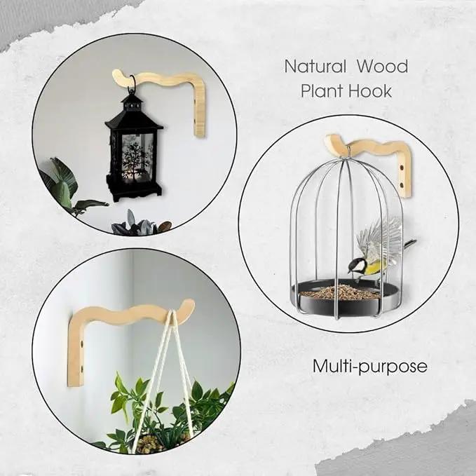 2-Piece Set of Wavy Wooden Wall Planters for Indoor Plants 6 Inch - Natural Plant Hook for Wall Plant, Wind Chimes, Flower Brackets, Patio Garden Decorations - Bracket Plant Hanger (Natural) by GreenHaven Gardens