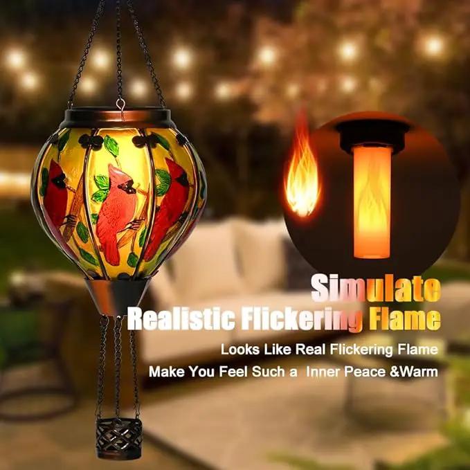 Hot Air Balloon Solar Lantern - Cardinal Bird Glass Lantern with Simulated Flickering Flame, Outdoor Hanging Yard Light Waterproof IP65 & Weather Resistant for Garden Patio Lawn Porch Decor Gfit by GreenHaven Gardens