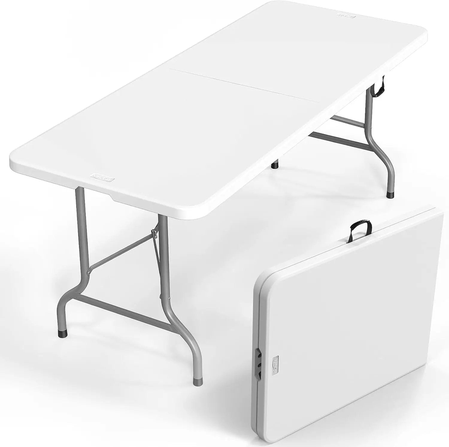 VINGLI 6 Foot Plastic Folding Table Portable Long Table for Indoor Outdoor Use Rectangular with Carrying Handle, Smooth HDPE Tabletop, White by GreenHaven Gardens