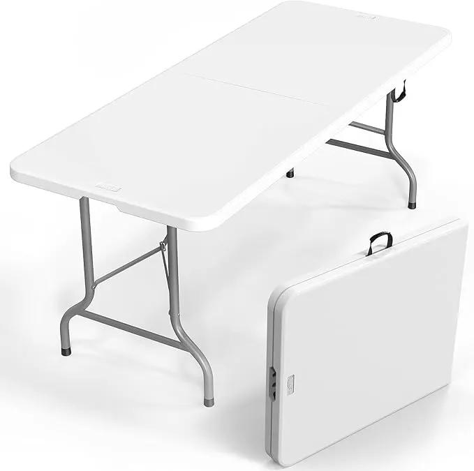 VINGLI 8 Foot Plastic Folding Table Portable Long Table for Indoor Outdoor Use Rectangular with Carrying Handle，White by GreenHaven Gardens