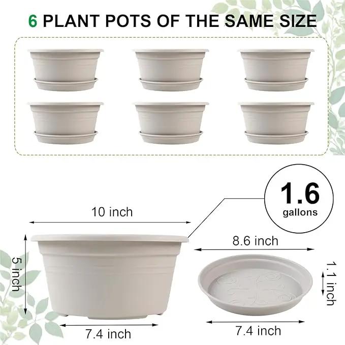 6 Pack 10 inch Plant Pot, Outdoor Pots for Plants with Drainage Hole & Tray Saucer, Round Plastic Plant Pot, Decoration Flower Pots for Indoor Plants Home Garden Outdoor Planters (White) by GreenHaven Gardens