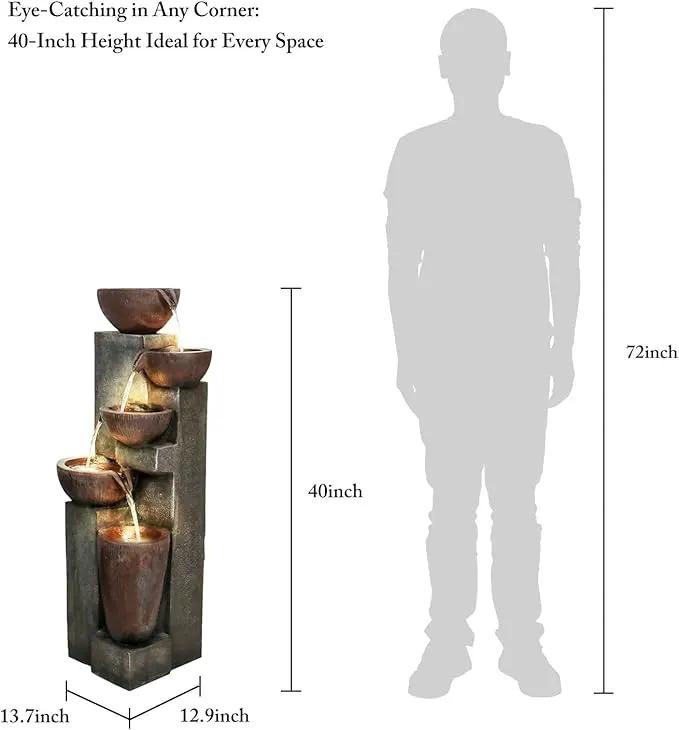 SunJet 5-Tier Cascading Indoor/Outdoor Water Fountain with LED Lights - 39.7" High Large Waterfall Floor Standing Fountain for Garden, Patio, Yard, and Deck Decor - Relaxing Outdoor Water Feature by GreenHaven Gardens