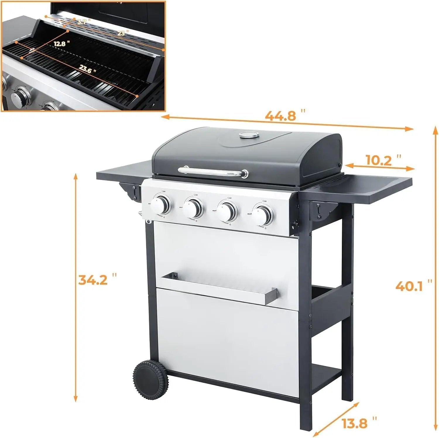 4 Burner Propane Gas Grill with Spice Rack, Foldable Side Tables, Durable Lid, Stainless Steel Burners, Built-in Thermometer, 34,200 BTU Gas Grill for Patio, Garden BBQ by GreenHaven Gardens