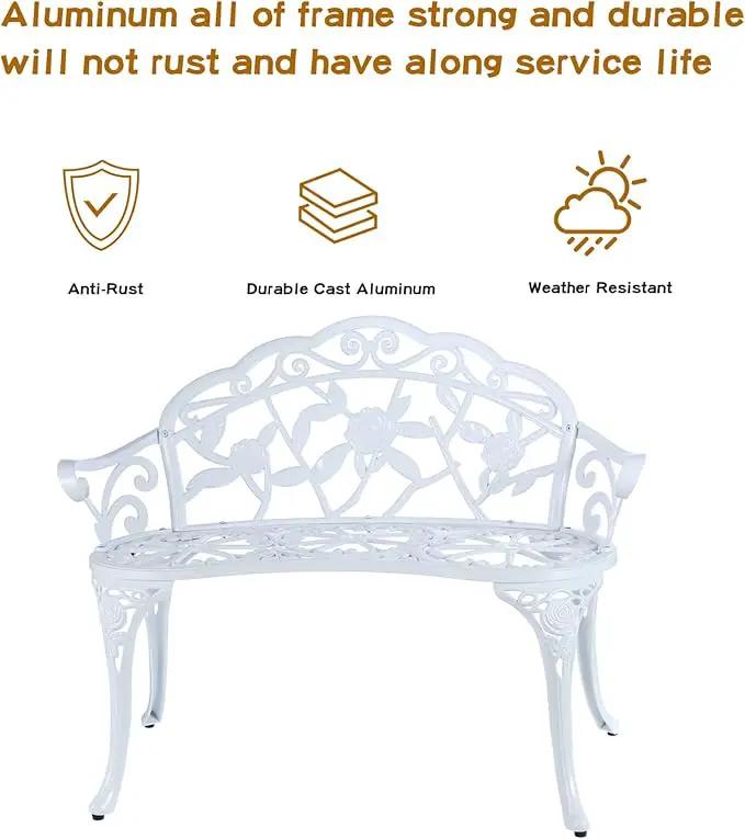 JARDIN DE CENTENNIAL Patio Garden Bench Metal Park Bench Cast Aluminum Outdoor Furniture with Floral Rose for Patio,Park,Lawn,Yard (White) by GreenHaven Gardens