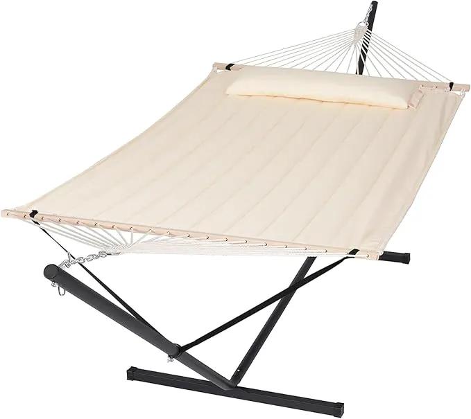 SUNCREAT Hammocks Extra Large Double Hammock with 12 ft Stand, 475lbs Capacity, Outdoor Portable Hammock with Hardwood Spreader Bar, Extra Large Pillow, Beige by GreenHaven Gardens
