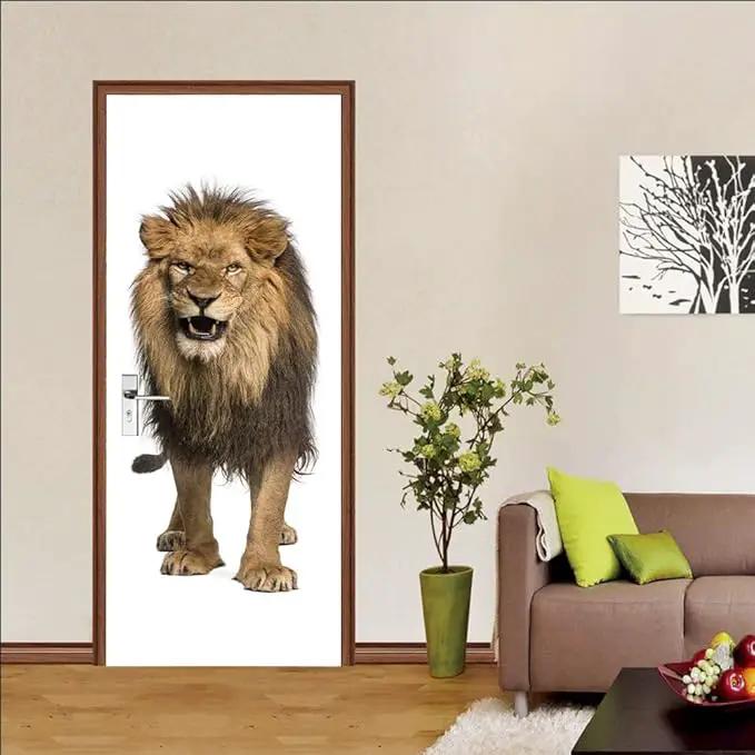 3D Peel and Stick Murals - Lion - Wallpaper Self-Adhesive Decals - Removable PVC Waterproof Door Poster for Bedroom Living Room Decoration - 37.4 x 84.6 inch by GreenHaven Gardens