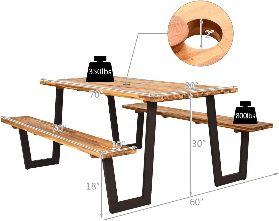 Patented 70 Inch Dining Table Set with Seats and Umbrella Hole by DirectDeals