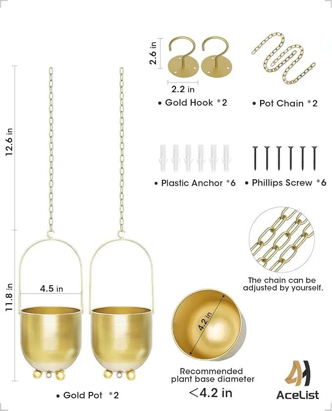 AceList Boho Gold Metal Hanging Planters, Set of 2 with Hooks & Chains - Versatile Wall & Ceiling Window Hanging Planters for Indoor/Outdoor Décor by GreenHaven Gardens