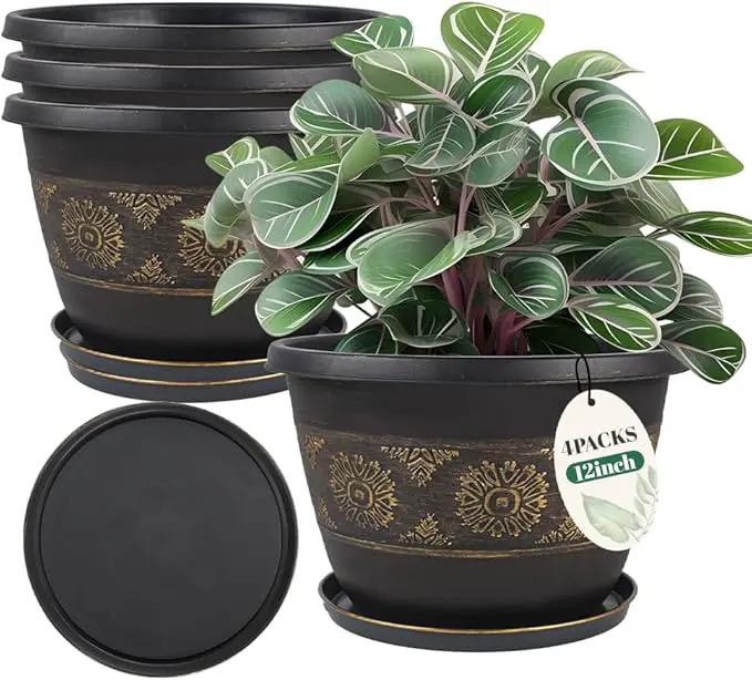 4 Pack 12 inch Plant Pots, Retro Pattern Planters with Drainage Holes and Saucer, Sturdy Plastic Garden Flower Pots for Indoor & Outdoor Plants by GreenHaven Gardens