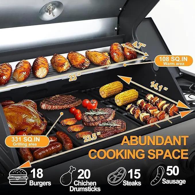 4-Burner Propane Gas Grill With Side Burner, 34,200 BTU Outdoor BBQ Grill with Stainless Steel Warming Rack & Enameled Cooking Grids – Foldable Side Tables, Built-in Thermometer – Heavy-Duty 6" Wheels by GreenHaven Gardens