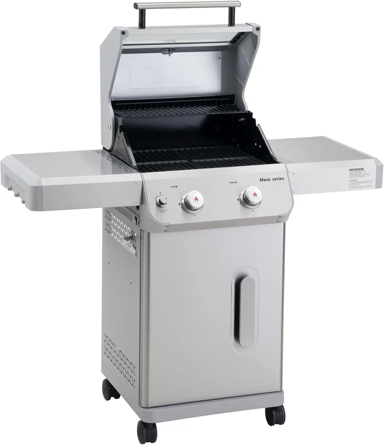 Monument Grills 2-Burner Stainless Steel Liquid Propane Gas Grill, Two Foldable Shelves Patio Garden Barbecue Grill with Clearview® Lid, Knob Control, Mesa200S with BBQ Cover by GreenHaven Gardens