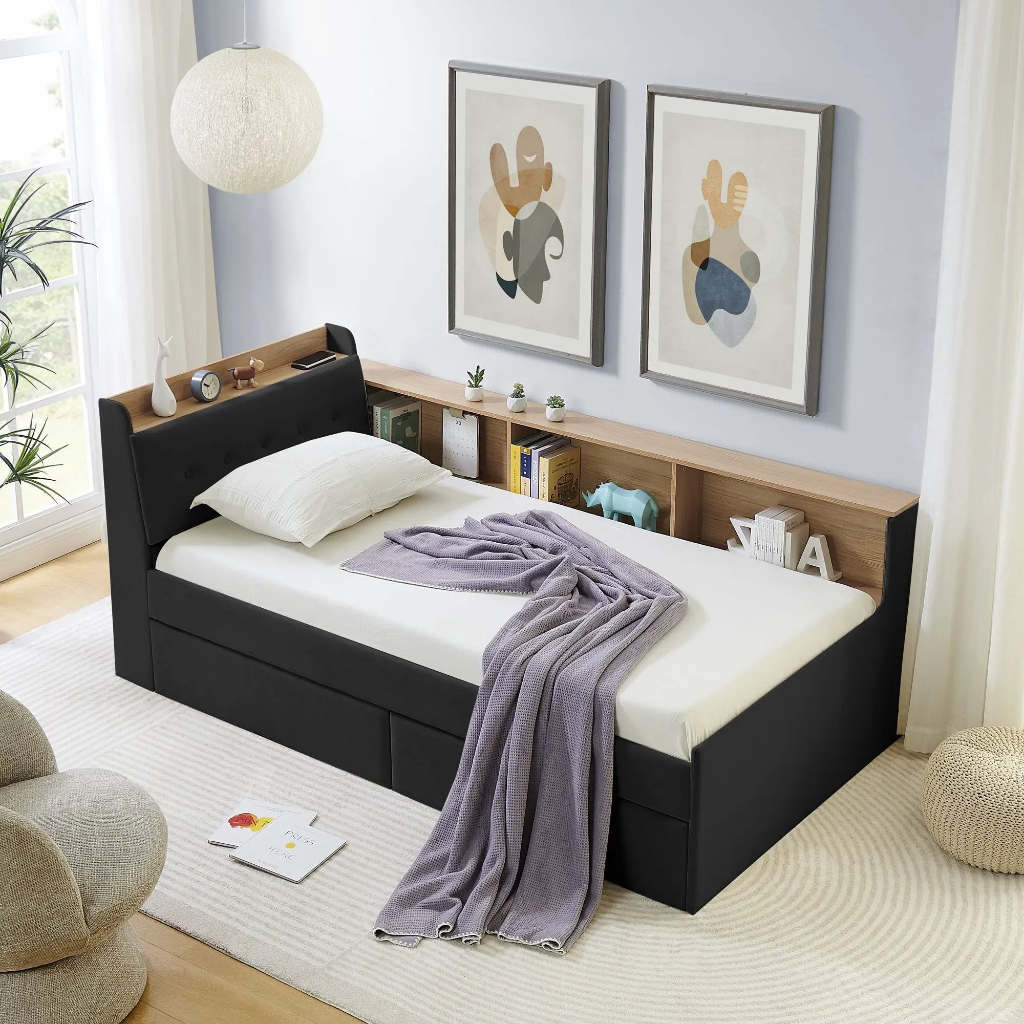 Upholstered Daybed With Storage Headboard, Wireless Charging, LED Lights by Unique Piece Furniture